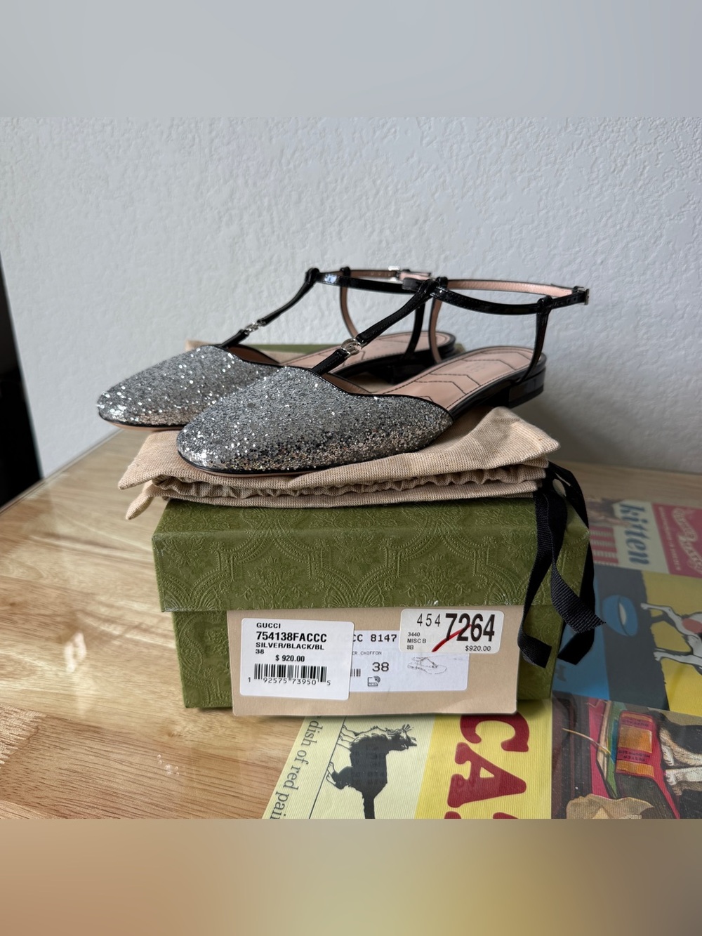 Gucci • Silver Glitter Square Toe T- Strap Flats • Women’s Size 38 • $920 - Picture 1 of 6